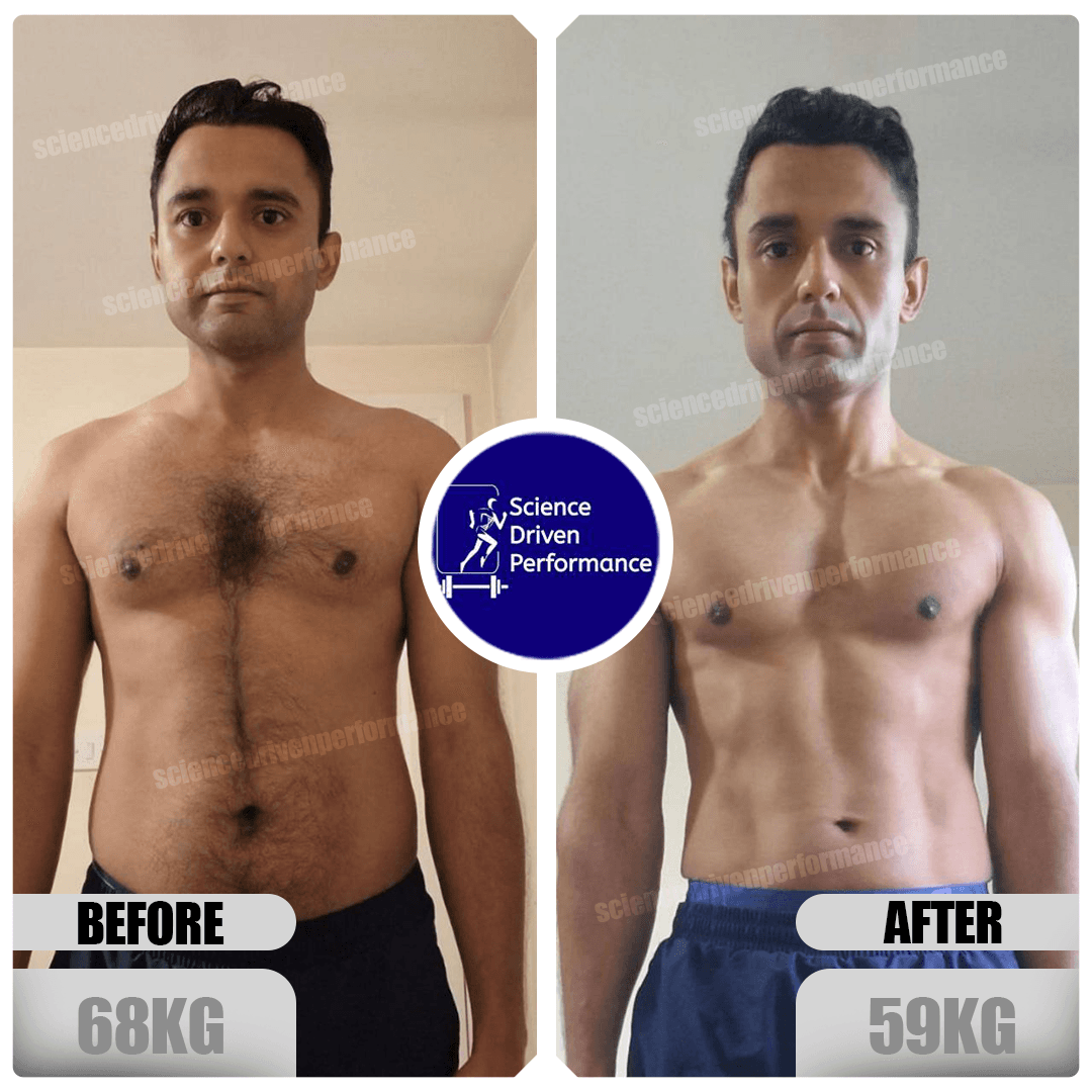 Nitesh K transformation: 68 kg to 59 kg, HbA1c 5.6
